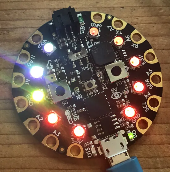 circuit playground showing LEDs lit in red